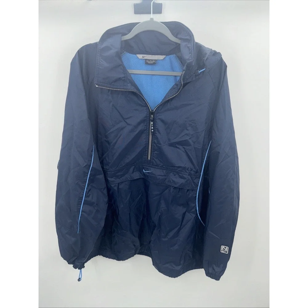 Vintage Nike XL Blue Nylon Windbreaker Anorak Jacket Center‎ Pouch Rare Swoosh